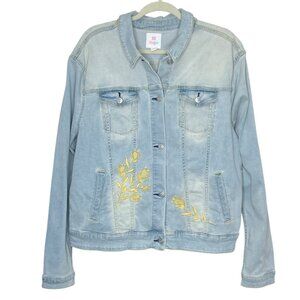 New LuLaRoe 3XL Harvey Baby Blue Denim Jean Jacket with Yellow Embroidered Roses